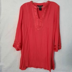 Calvin Klein Jeans Silky Tunic Satin Detail Papaya V Neck Blouse Ladies Medium